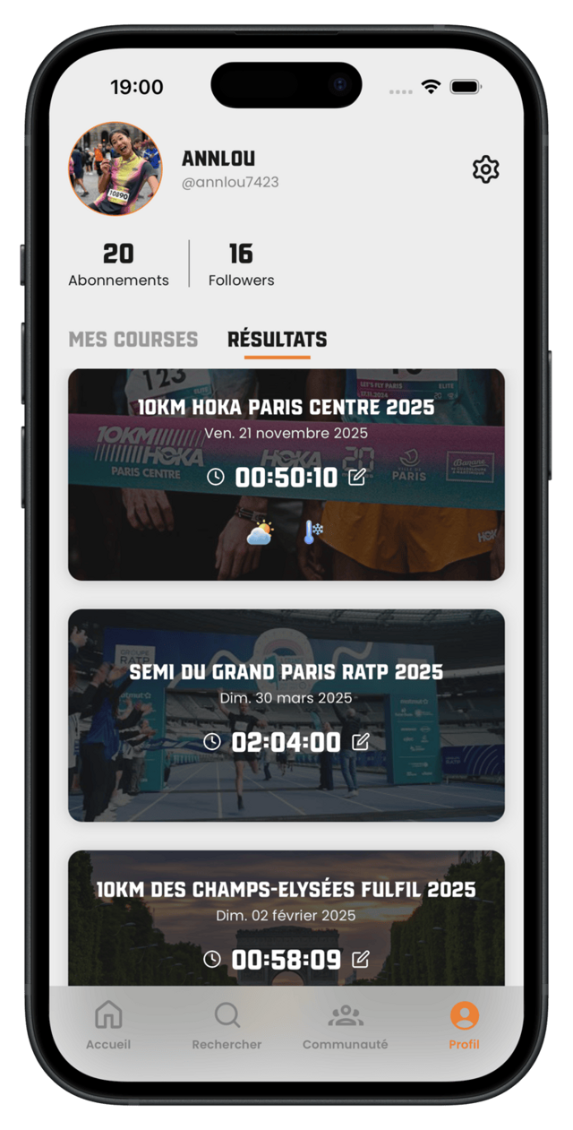 Palmarès de courses dans l'app BPMoov