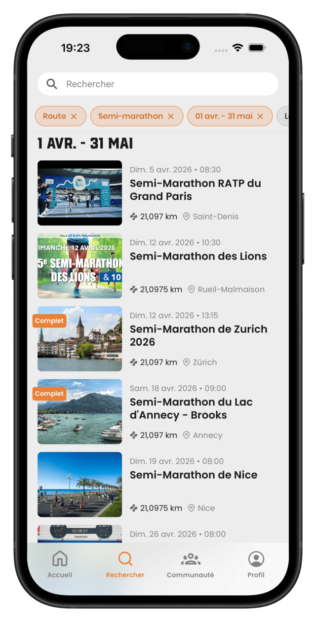 Écran de recherche de courses dans l'app BPMoov